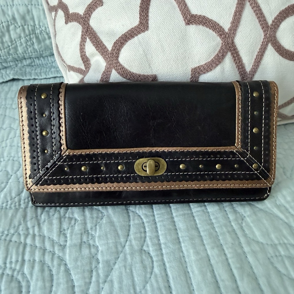Fossil Wallet SL9342 Saddlery Leather Turn Lock  Clutch Wallet Y2K Boho